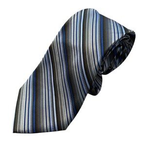 Burma Bibas Men’s Tie Blue Black Gray Stripes 100% Silk Shiny